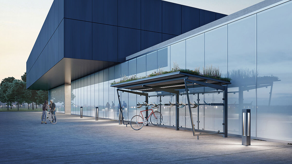 Auch einfachere Systeme sind immer wieder gefragt. Hier der Velounterstand Pilo (Velopa) mit Dachbegrünung.